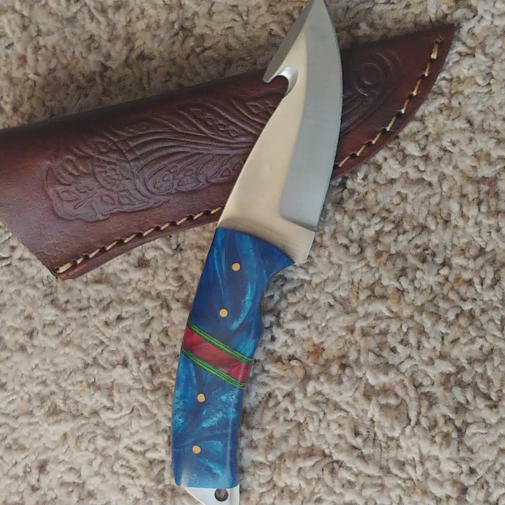 Blue and Silver Knife with Leather Sheath